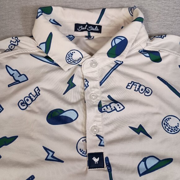 Bad Birdie Men's XL Yard Sale Golf All Over Print Stretch Preppy White Polo - Picture 3 of 7